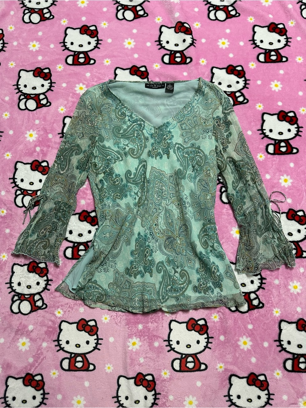 Vintage Mint Green Paisley V-Neck Ruffle-Sleeve Silk Blouse